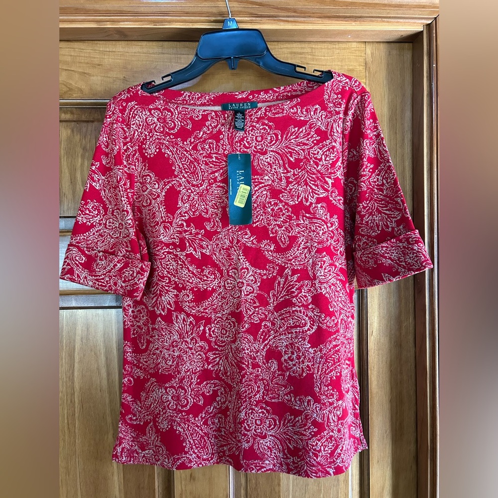Lauren Ralph Lauren Red and Cream Paisley Short Sleeve Tee